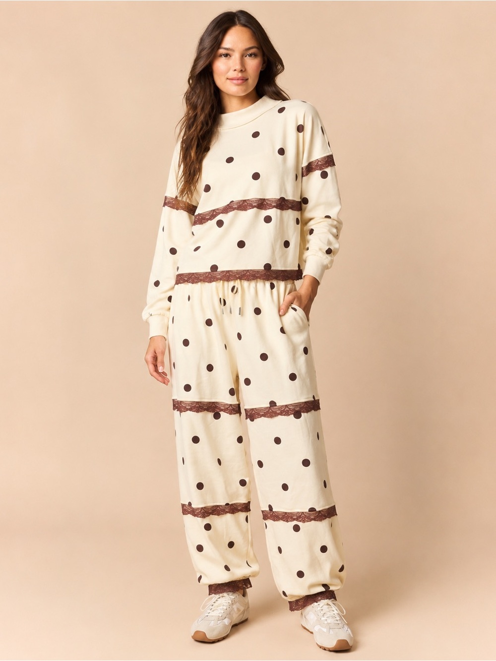 Peach Love CA Ivory & Brown Polka Dot Lace Trim Oversized Set. Jogger or WideLeg